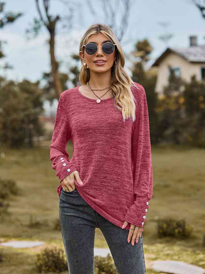 Full Size Round Neck Long Sleeve Buttoned T-Shirt