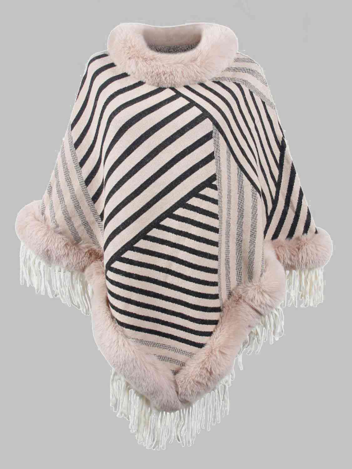 Contrasting Beauty One Size Striped Fringe Hem Poncho