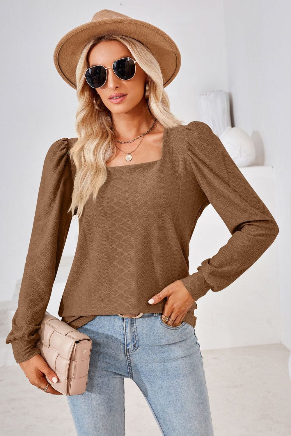 Full Size Square Neck Puff Sleeve Blouse