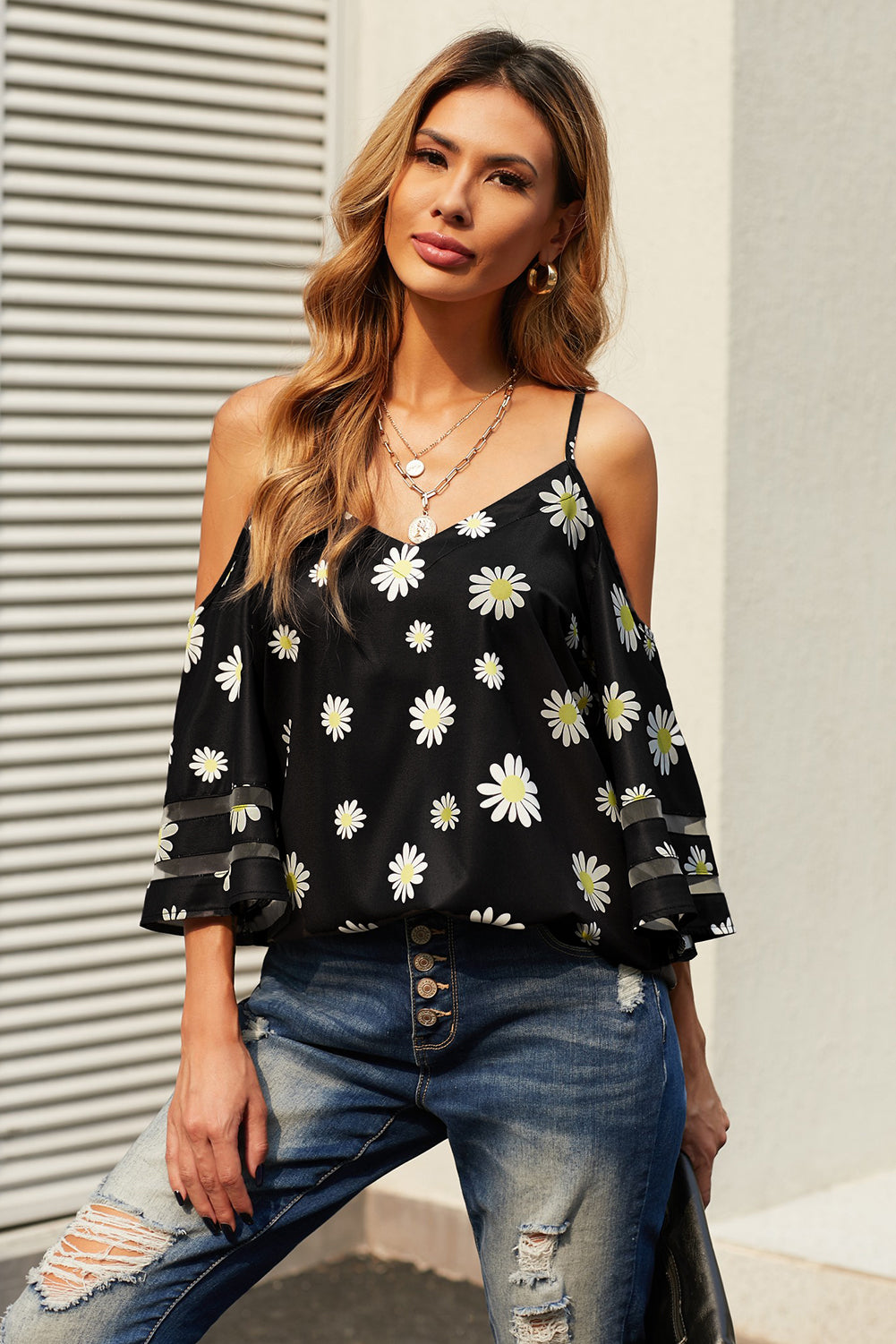 Women's Full Size Printed Cold-Shoulder Three-Quarter Flare Sleeve Blouse