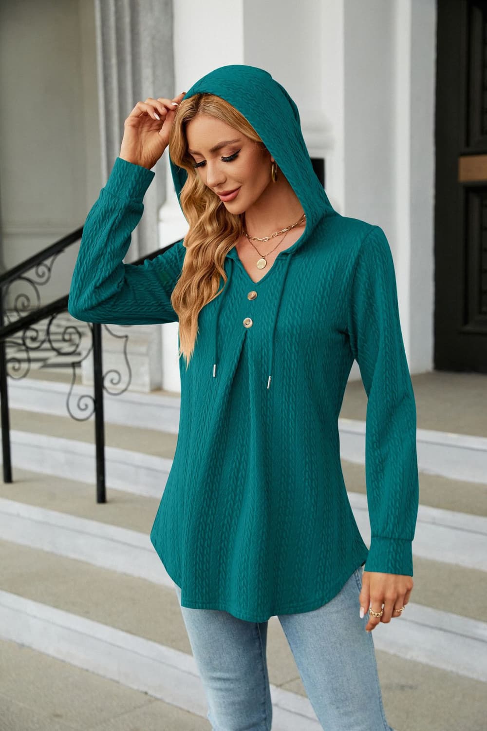 Full Size Long Sleeve Hooded Blouse