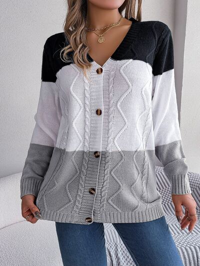 SocialBee Cable-Knit Striped Button Up Cardigan