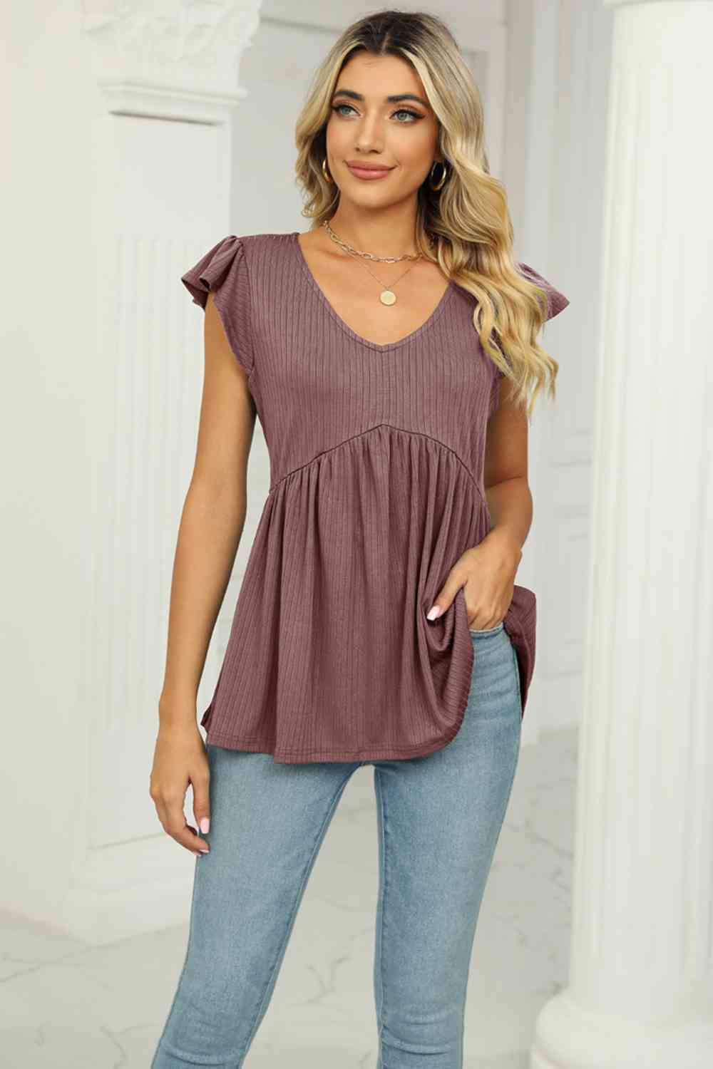 Full Size V-Neck Flutter Sleeve Babydoll Blouse