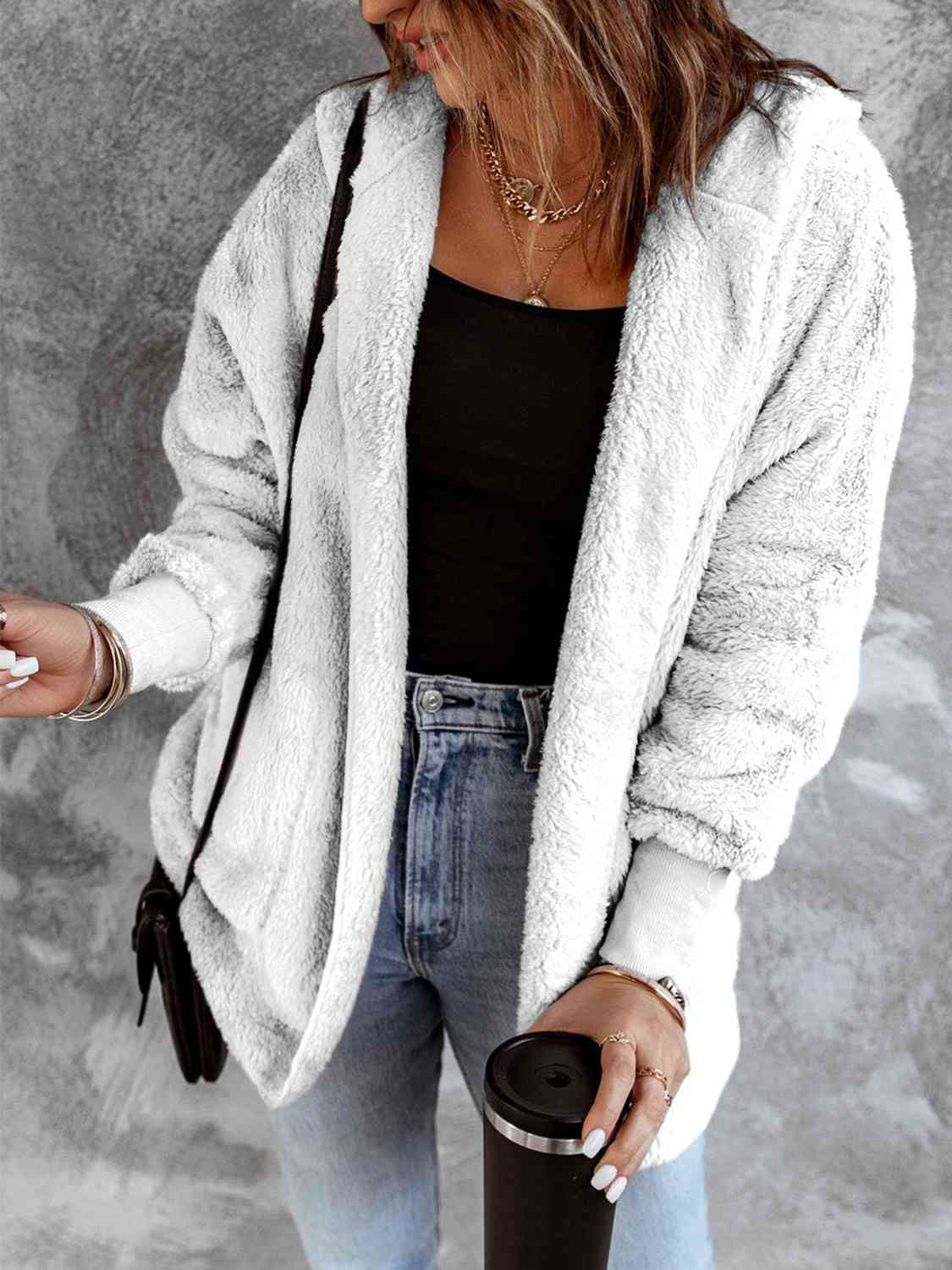 Open Front Hooded Faux Fur Outwear Jacket with Pockets