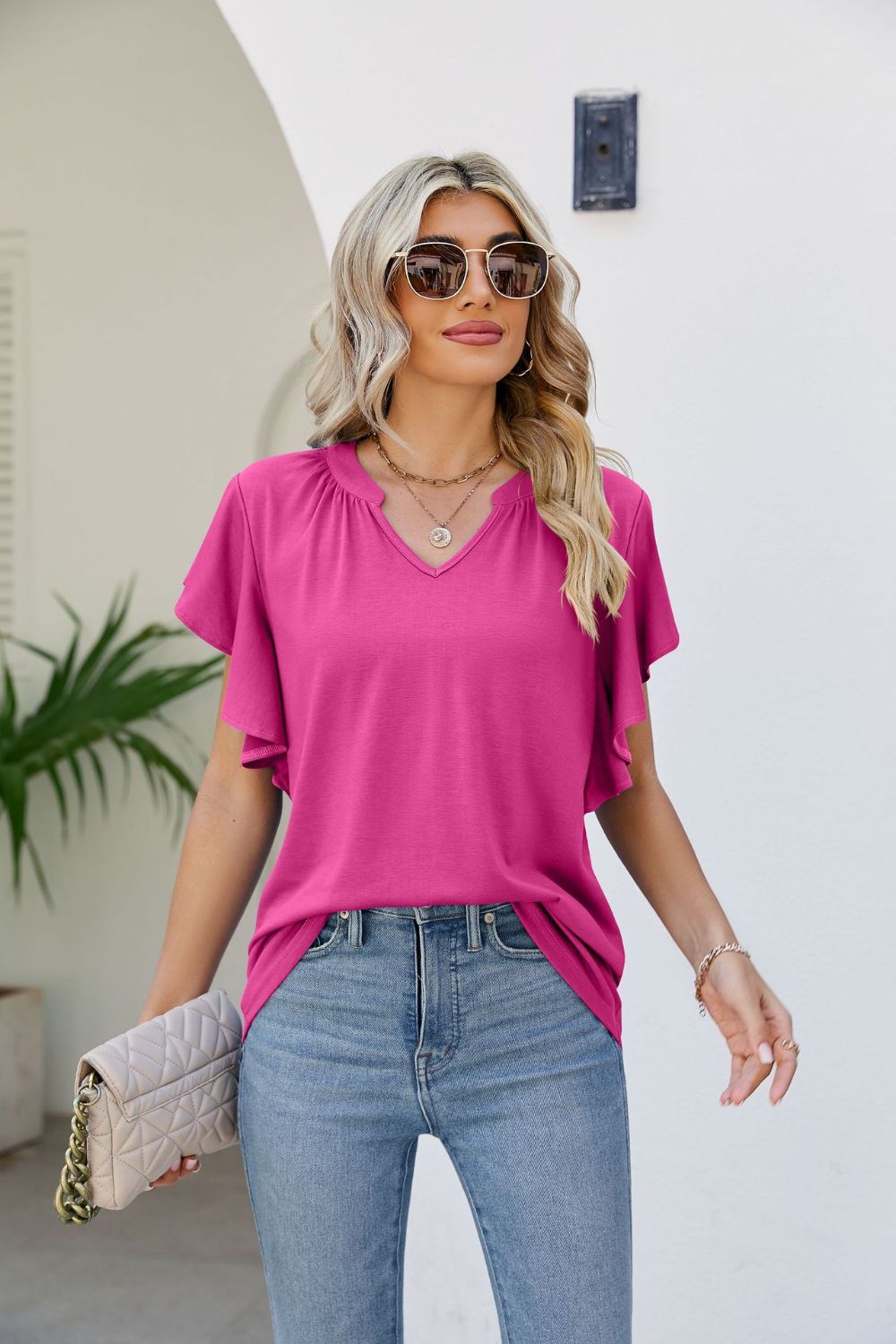 Women's JAYLEEN Full Size Notched Neck Flutter Sleeve Tee