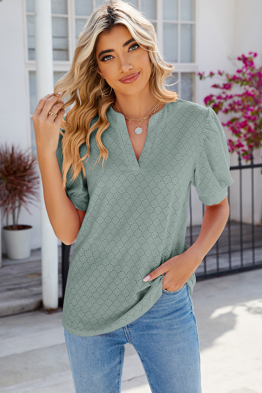 Eyelet Notched Puff Sleeve T-Shirt