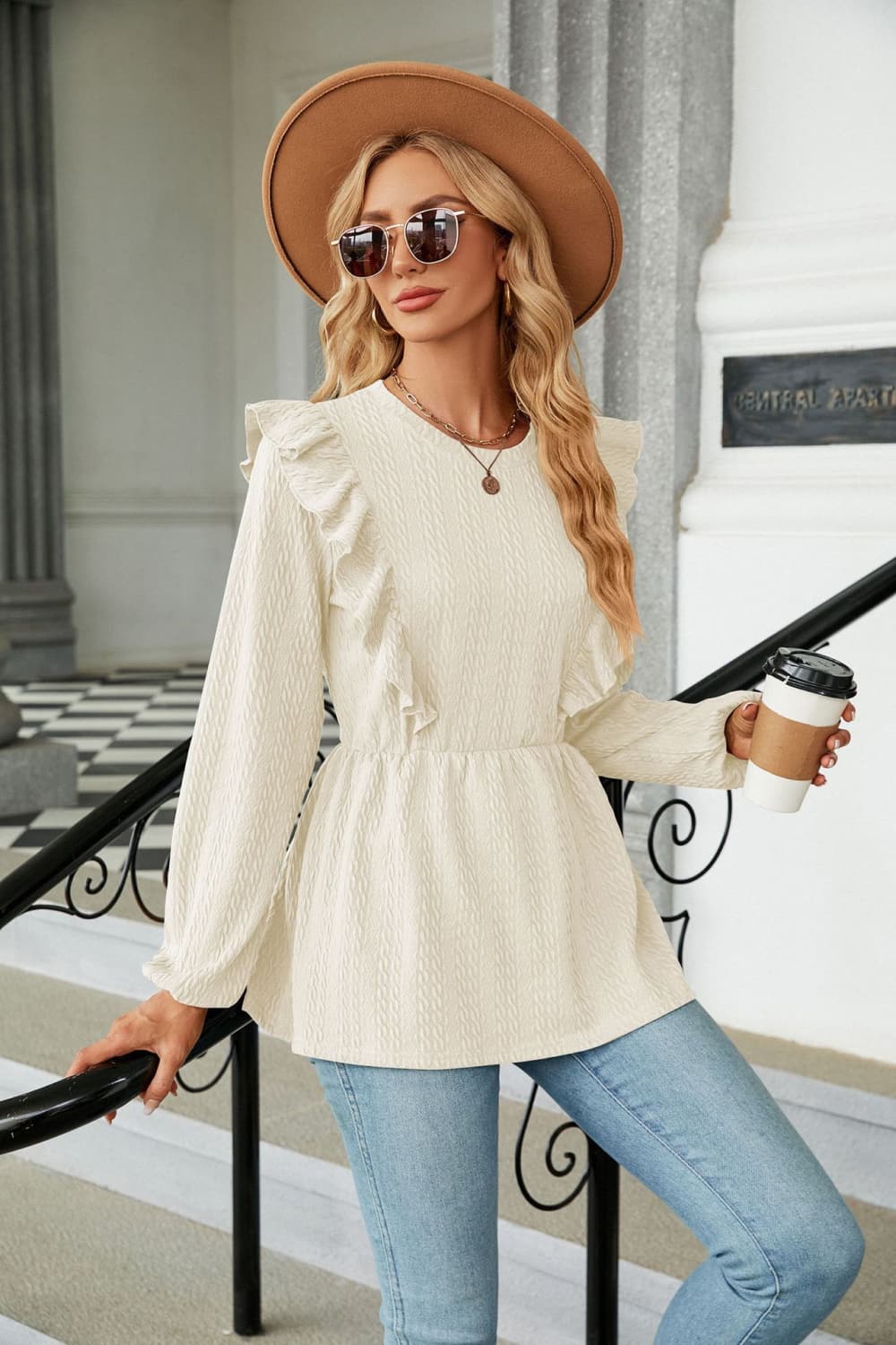 Round Neck Ruffled Peplum Blouse