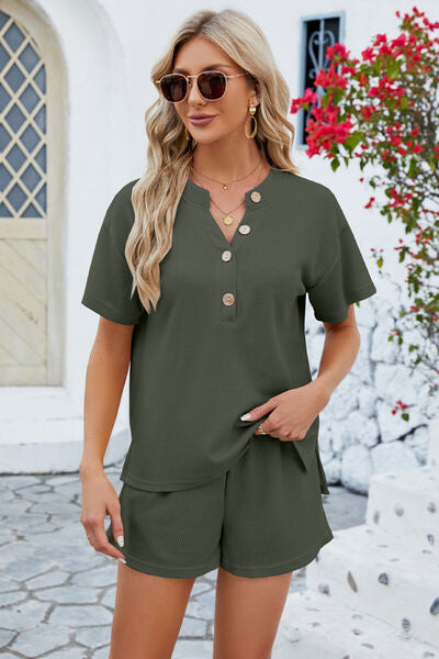 Adryane Jay Notched Button Detail Dropped Shoulder Top and Shorts Set