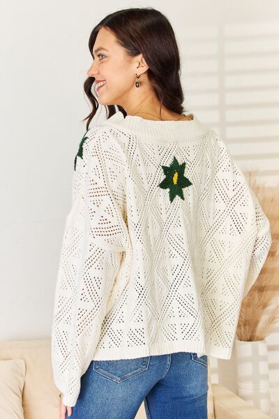 POL Cream Floral Embroidered Pattern V-Neck Sweater