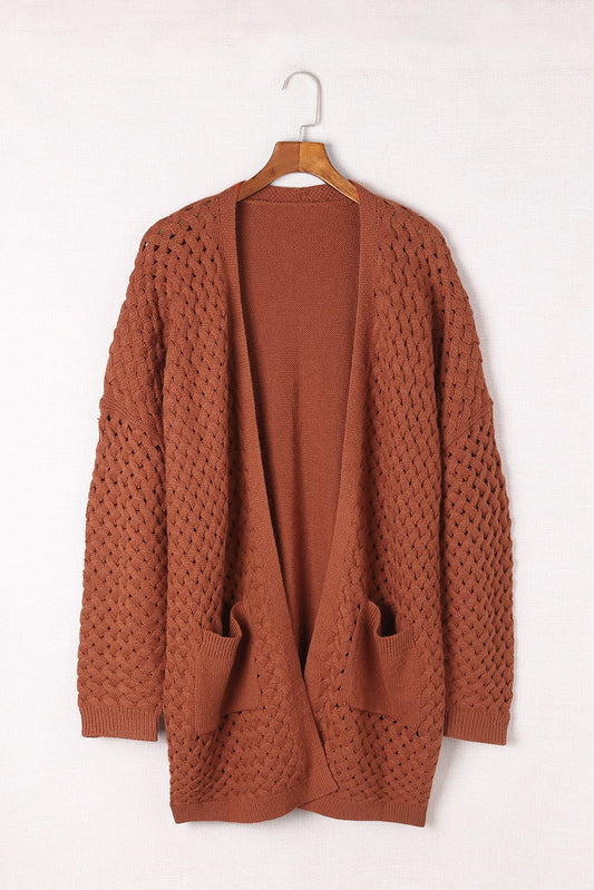 Women's Full SIze Brown Woven Open Front Longline Cardigan with Pockets