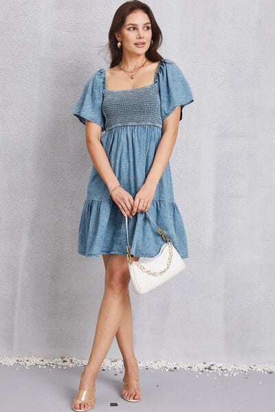 Larissa Bea Smocked Square Neck Mini Denim Dress