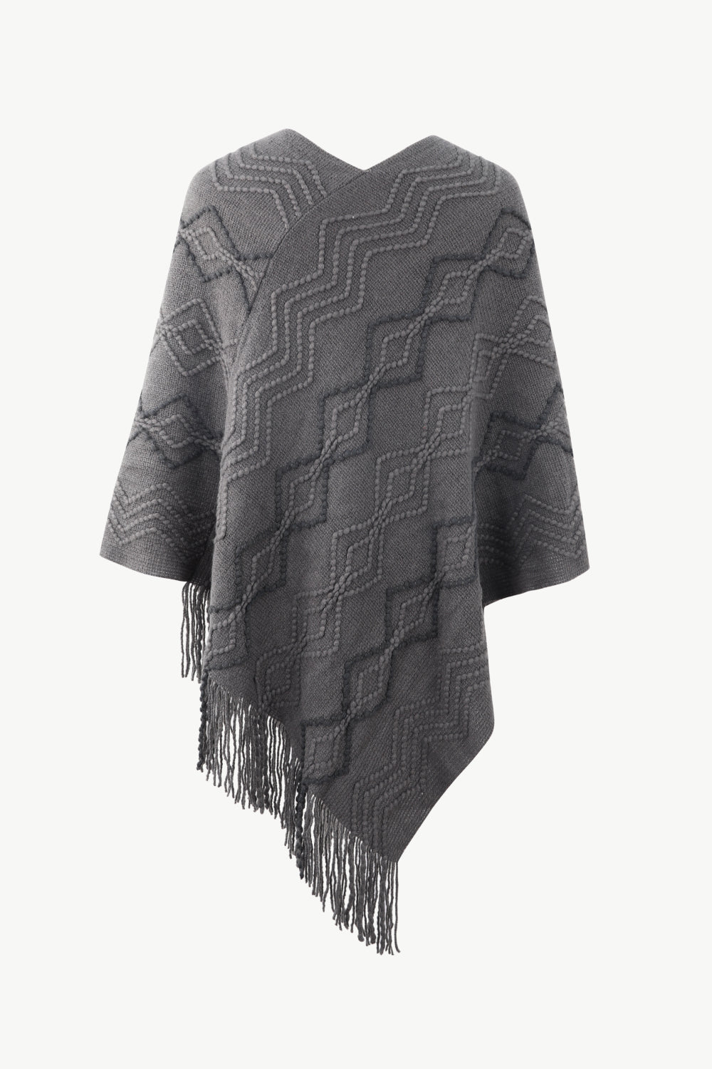 One Size Pearl Trim V-Neck Fringe Hem Poncho