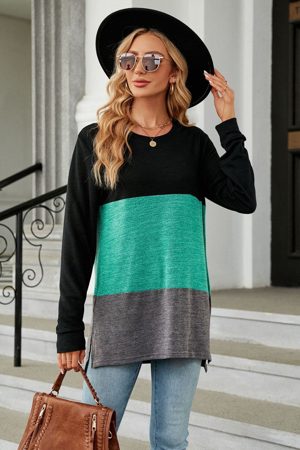 Full Size Color Block Round Neck Long Sleeve Slit T-Shirt