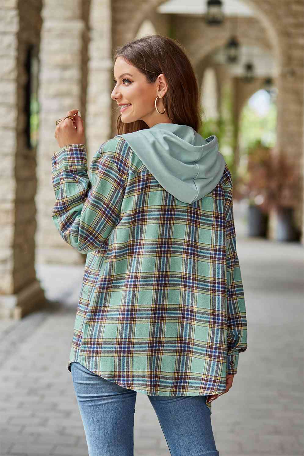 Full Size Plaid Long Sleeve Hooded Jacket