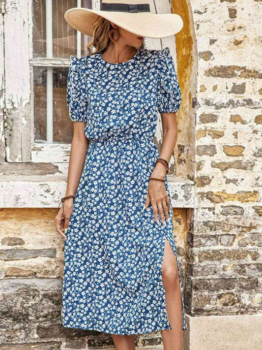 Blue Full Size Floral Round Neck Split Midi Dress