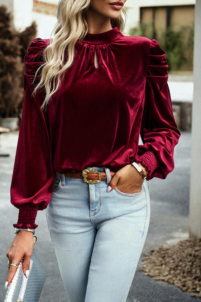 Women's Ava Tie Up Mock Neck Velvet Fabric Long Sleeve Blouse