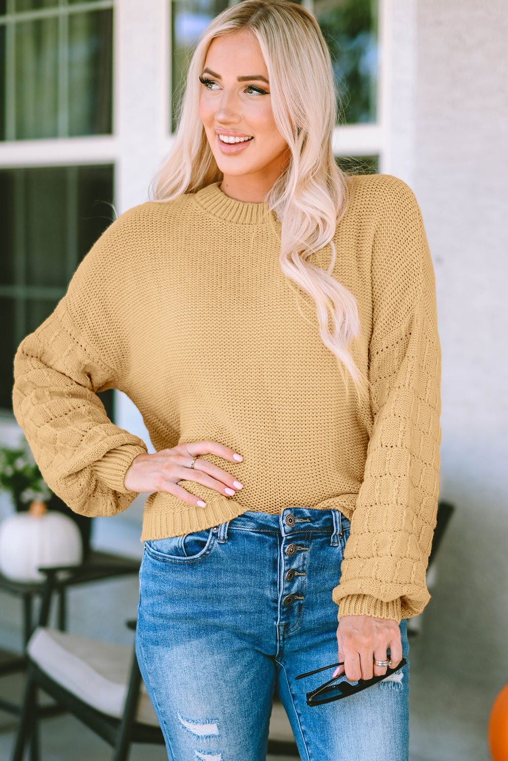 Malibu Dreams Round Neck Dropped Shoulder Waffle-Knit Sweater 🦋