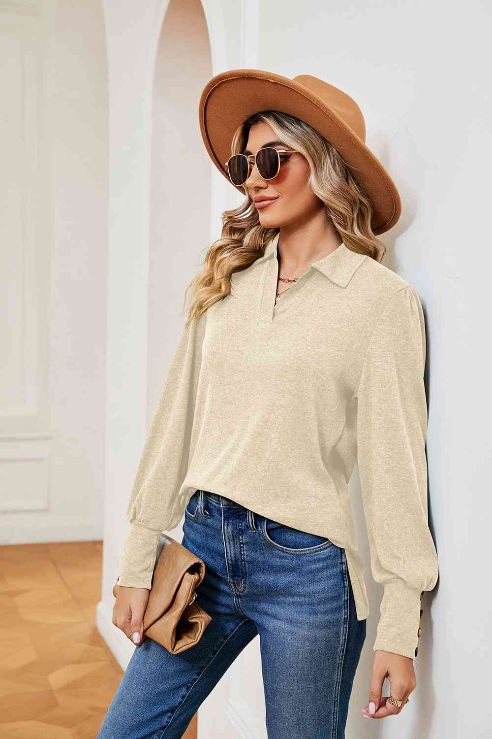 Full Size Johnny Collar Long Sleeve Top