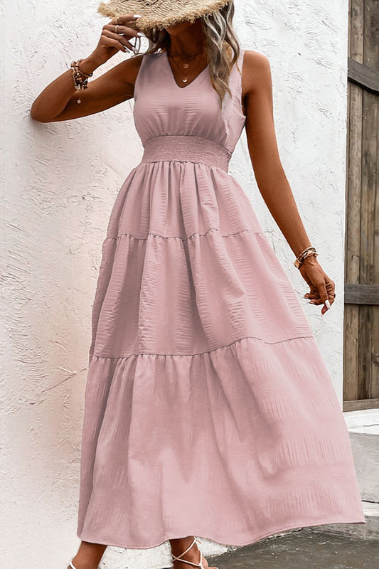 BOHOMIA Full Size V-Neck Smocked Waist Sleeveless Tiered Maxi Dress