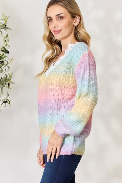 BiBi Rainbow Gradient Crochet Detail Pink Multi Sweater