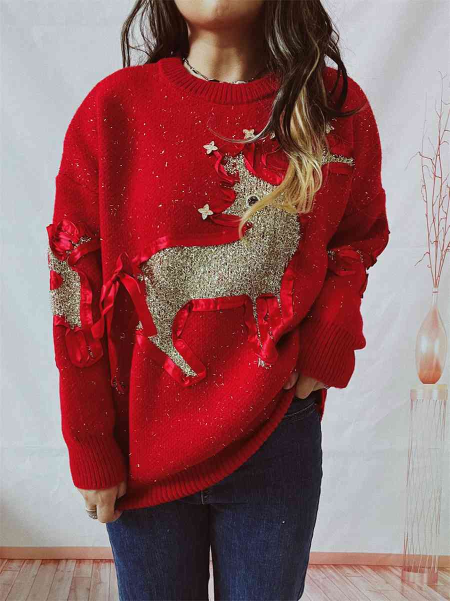 Christmas Reindeer Round Neck Long Sleeve Sweater