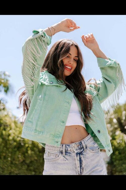 Light Green Fringed Chain Raw Hem Distressed Jacket