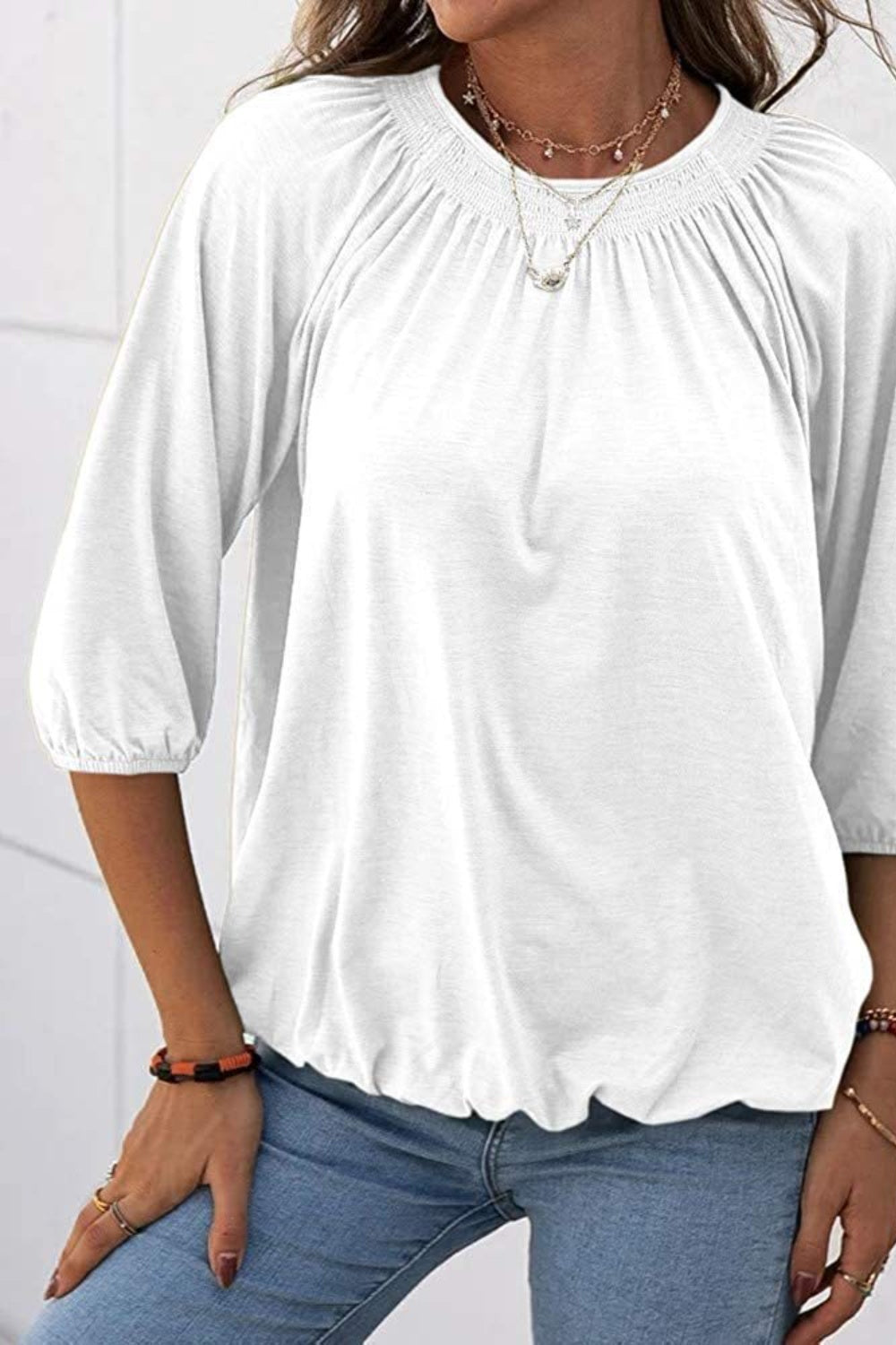 Full Size Gathered Detail Round Neck T-Shirt