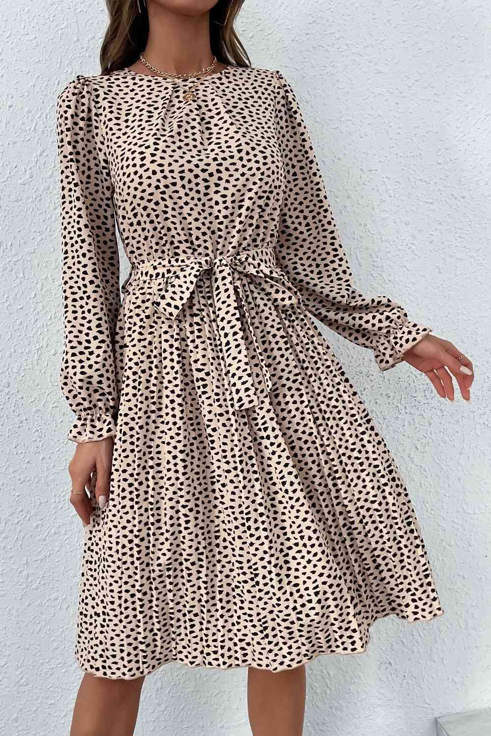 Beige Printed Round Neck Belted Pleated Dress