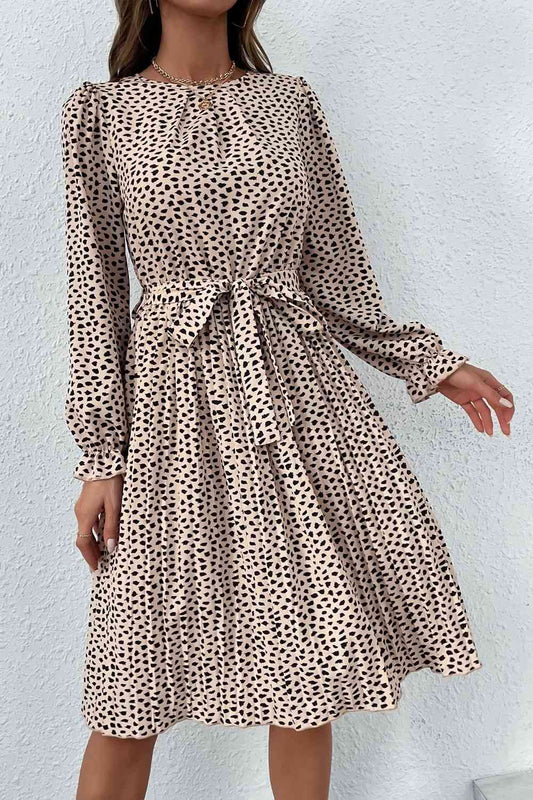 Beige Printed Round Neck Belted Pleated Dress