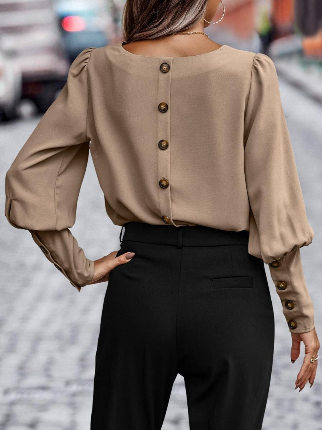 Full Size Round Neck Lantern Sleeve Blouse