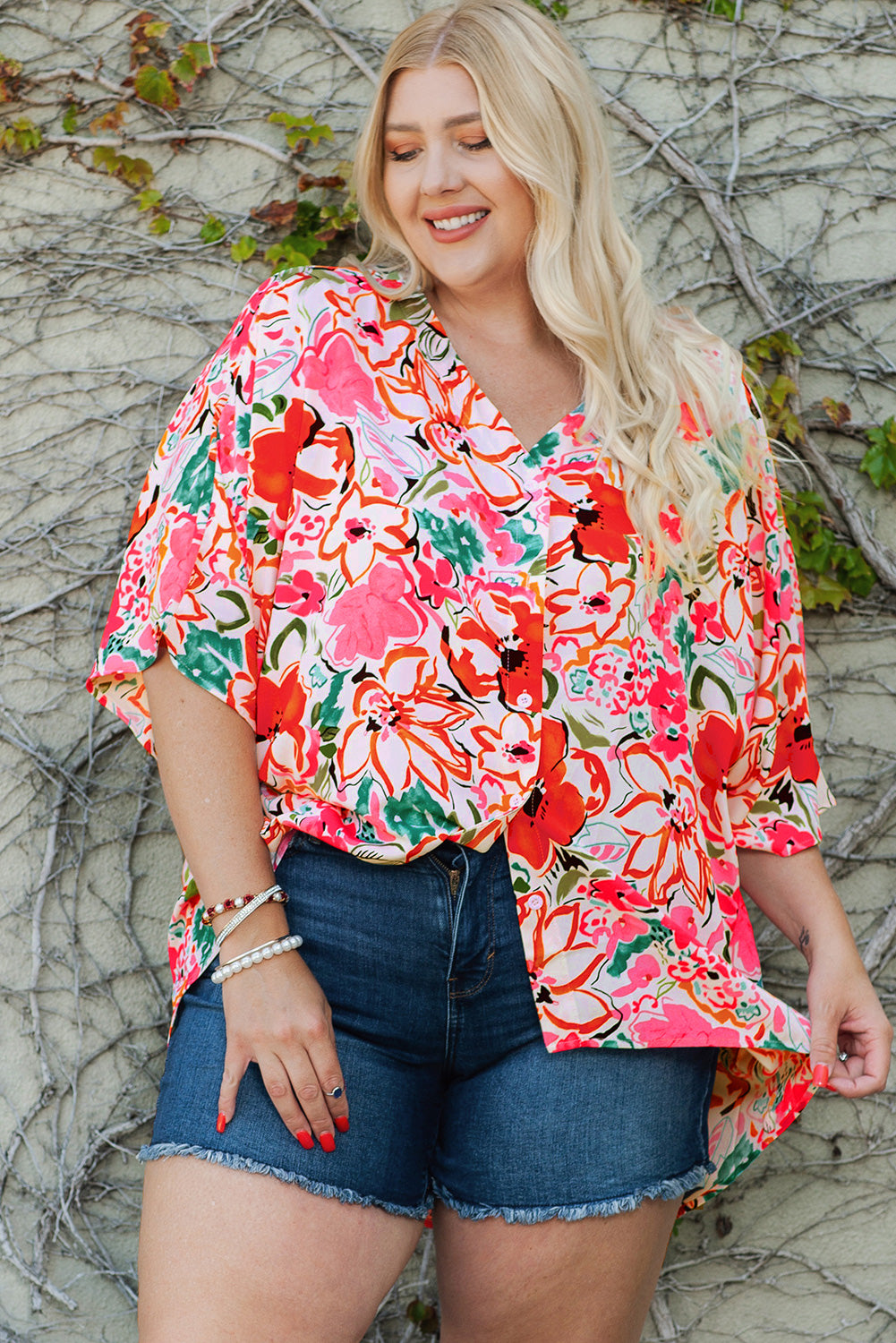 Malibu Dreams Plus Size Floral V-Neck Half Sleeve Shirt