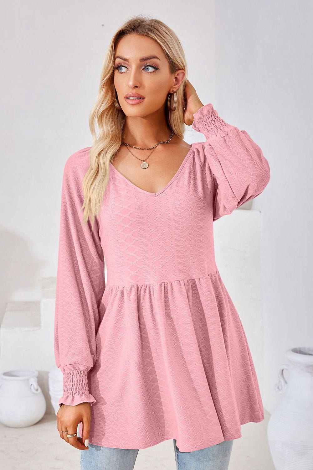 Full Size V-Neck Lantern Sleeve Blouse