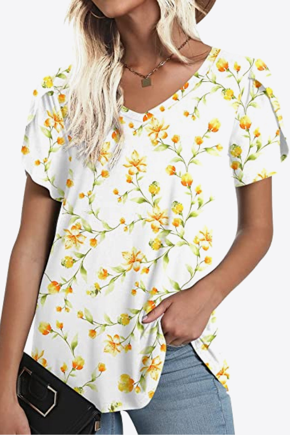 Full Size Printed Petal Sleeve V-Neck Blouse