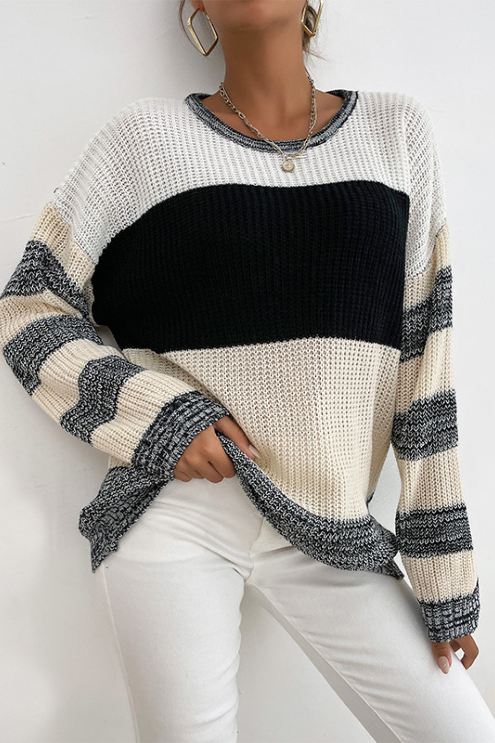 Women's Striped Dropped Shoulder Pullover Sweater