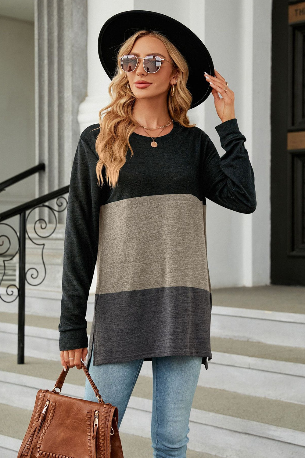 Full Size Color Block Round Neck Long Sleeve Slit T-Shirt