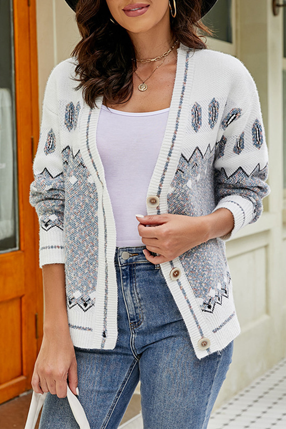 SavannahTree Printed V-Neck Buttoned Cardigan