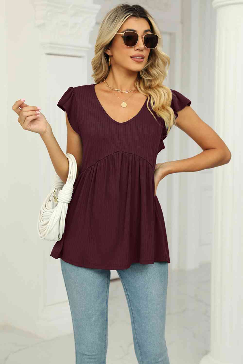 Full Size V-Neck Flutter Sleeve Babydoll Blouse