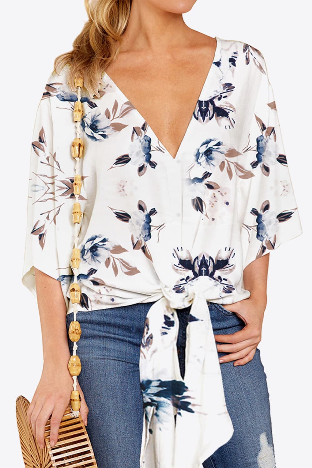 Full Size Printed Deep V Tie Hem Blouse