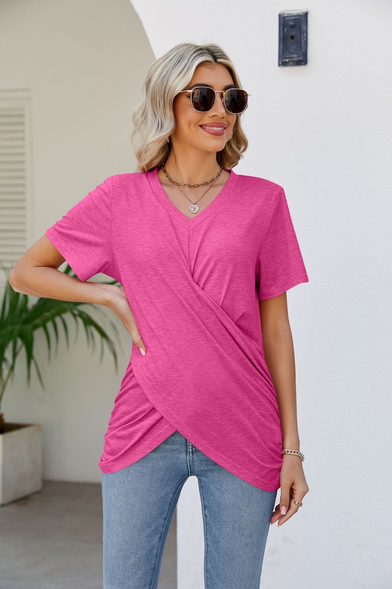 Full Size V-Neck Crisscross Short Sleeve Tee