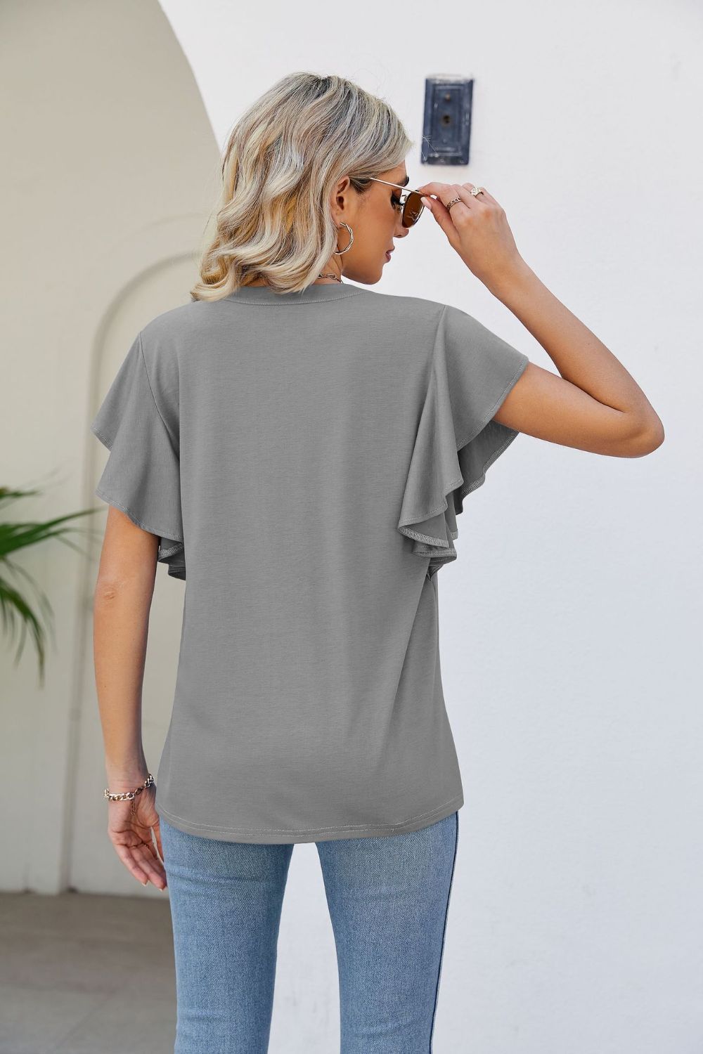 Women's JAYLEEN Full Size Notched Neck Flutter Sleeve Tee