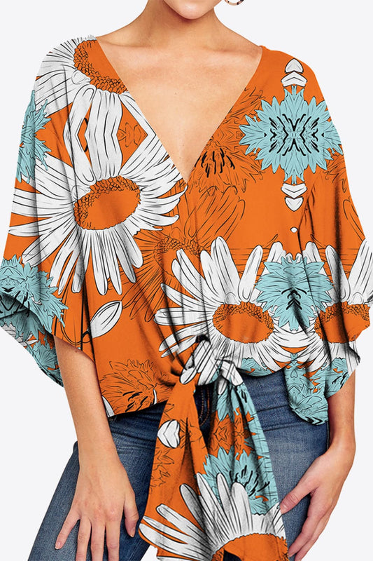 Full Size Printed Deep V Tie Hem Blouse