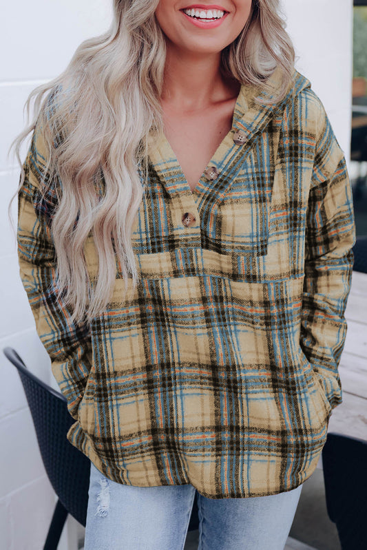 Full Size Plaid Long Sleeve Buttoned Hoodie