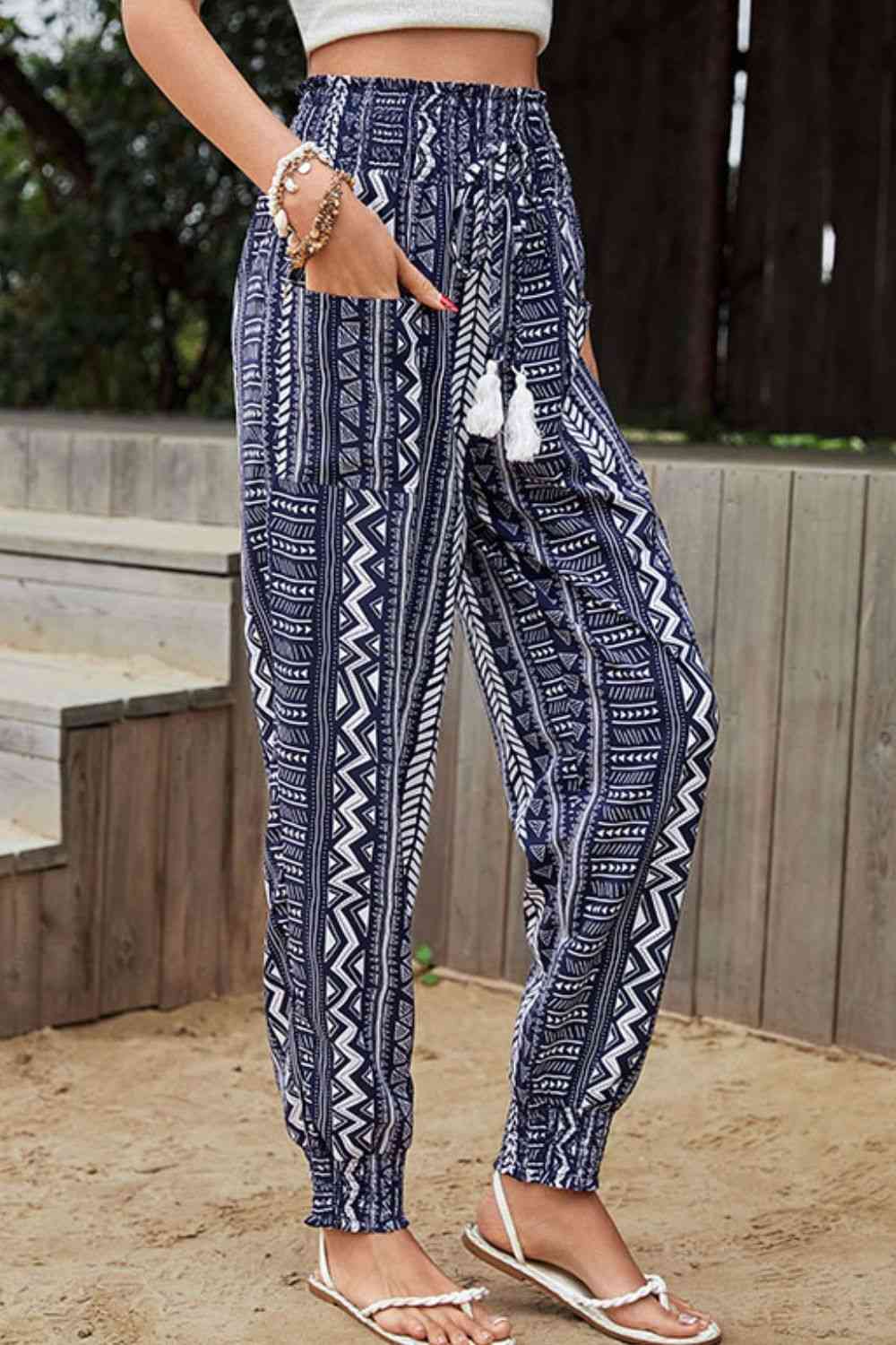 PantsPlace Geometric Print Tassel Dark Navy High-Rise Pants