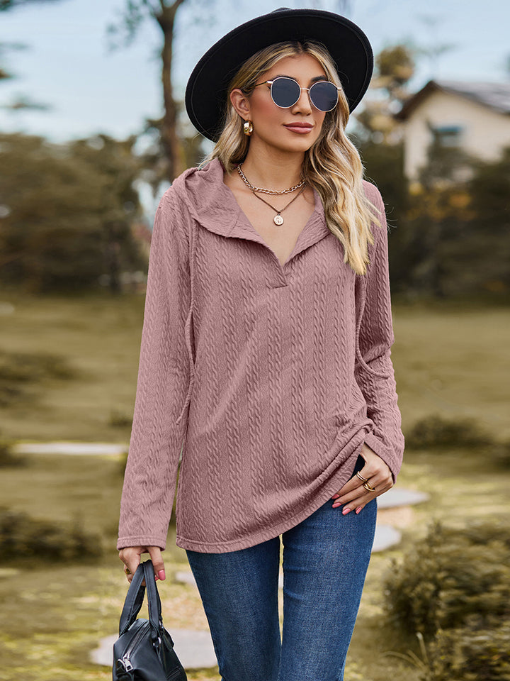 Full Size Cable-Knit Hooded Blouse