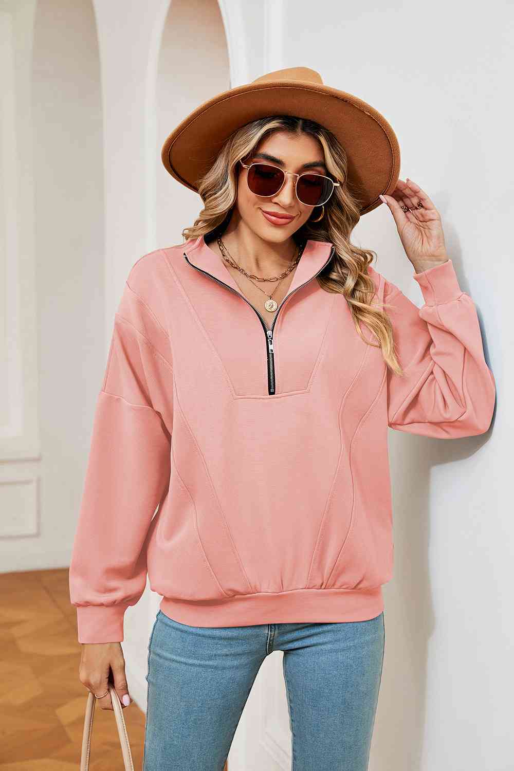 Full Size Half-Zip Dropped Shoulder Sweatshirt