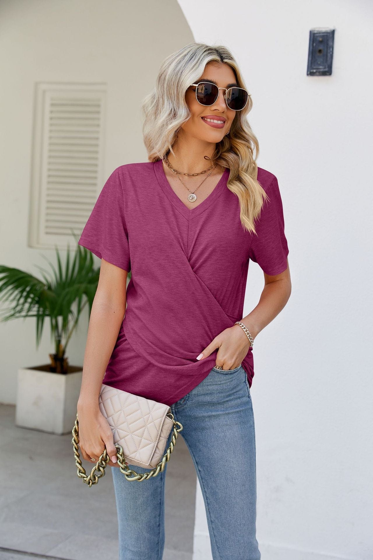 Full Size V-Neck Crisscross Short Sleeve Tee