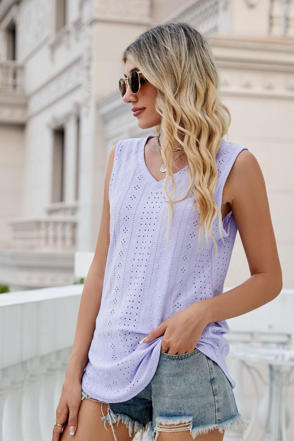 SALTYCHIC Full Size Eyelet V-Neck Tank