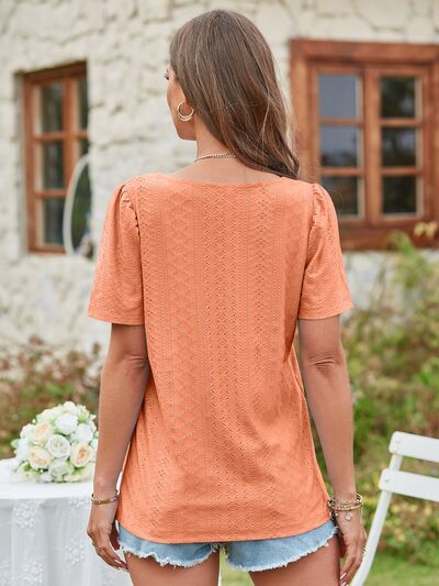 Eyelet Square Neck Short Sleeve Blouse