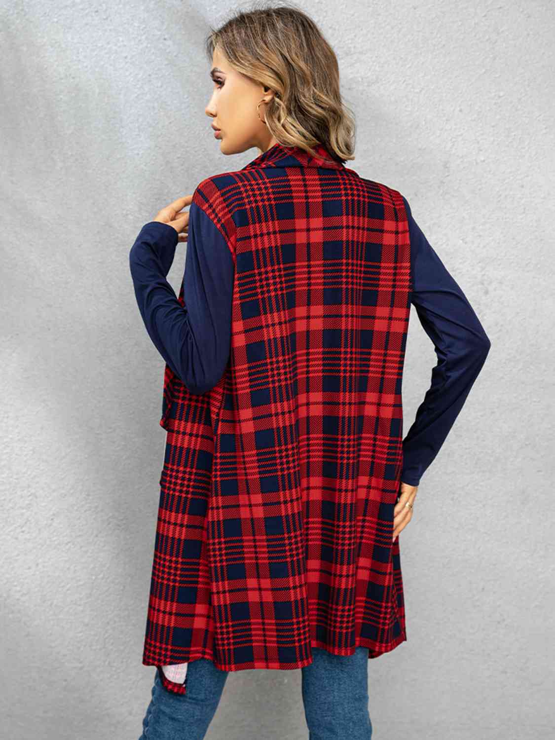 Deep Red Plaid Open Front Cardigan