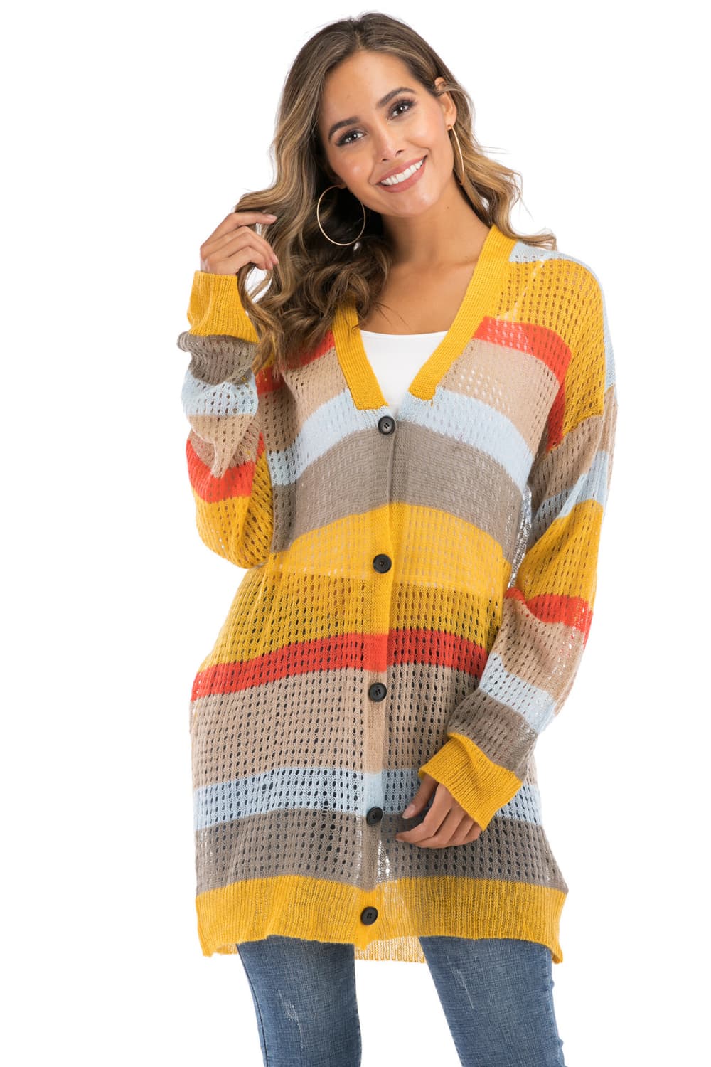 One Size Color Block Openwork Long Sleeve Cardigan